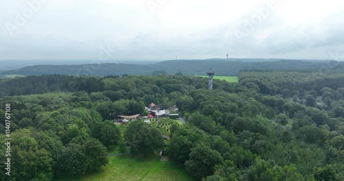 Aerial drone video of The Drielandenpunt near Vaals three country point where the borders between the Netherlands , Belgium , Germany meet.