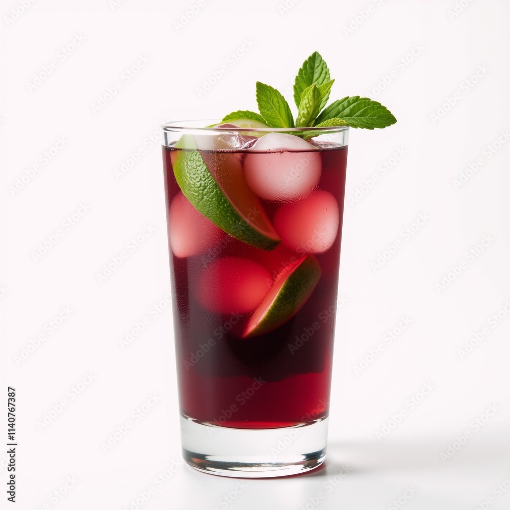 Close-up extreme front view of Merlot Mojito in a tumbler against a white backdrop Close-up extreme front view of Merlot Mojito in a tumbler against a white backdrop