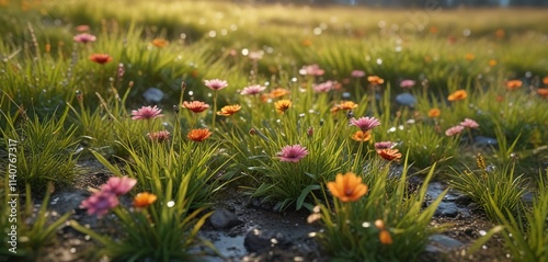 Einige Bl?ten mit Wassertropfen auf einem Grasfeld im Herbst, autumn, botanical, foliage photo