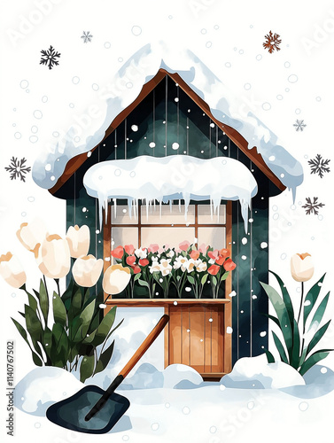 A winter clip art of a tiny flower shop in a local town, with fresh snow on the roof and flowers arranged outside .Snowflakes gently fall around the shop, and there is a cute shovel leaning the door photo