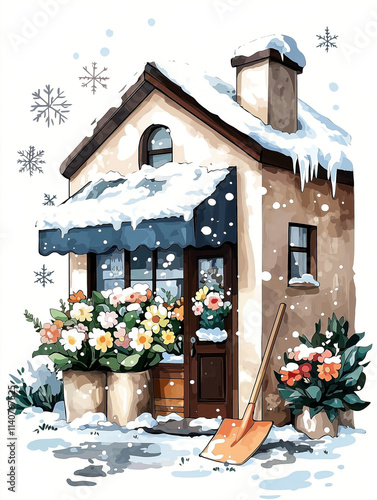 A winter clip art of a tiny flower shop in a local town, with fresh snow on the roof and flowers arranged outside .Snowflakes gently fall around the shop, and there is a cute shovel leaning the door photo