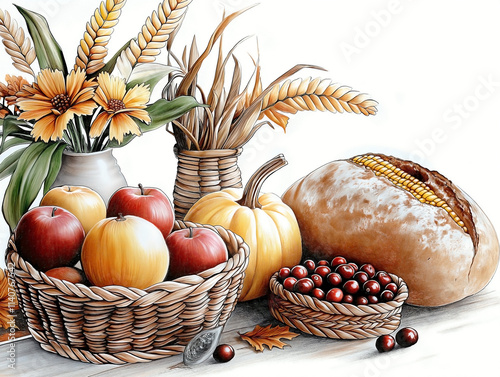 A pencil color drawing of a Thanksgiving still life, featuring a beautifully arranged table with harvest foods, including corn, gourds, cranberries, and a loaf of bread.
 photo