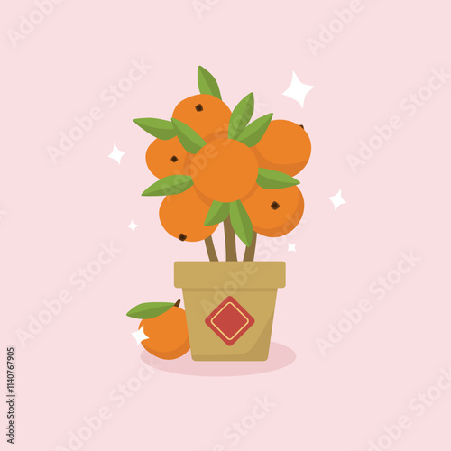 Isolated tangerine, mandarin, clementina tree in a flower pot with sparkles around. Chinese New year, vietnamese tet holiday. Vector illustration.