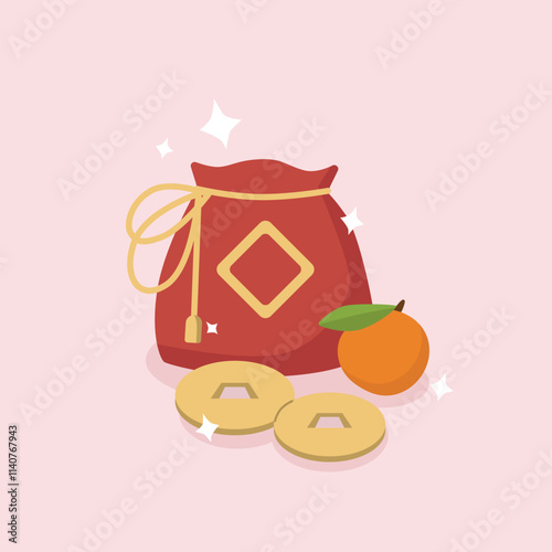 Chinese red bag full of sparkling golden coins with tangerine. Happy Chinese New Year. cartoon vector illustration.
