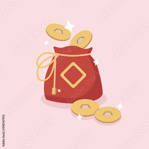 Chinese red bag full of sparkling golden coins. Happy Chinese New Year. cartoon vector illustration.