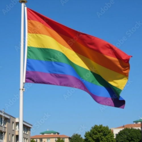 LGBTQ Pride Month Image features an LGBT Flag fluttering against a clear blue sky to celebrate the Gay Pride Movement photo