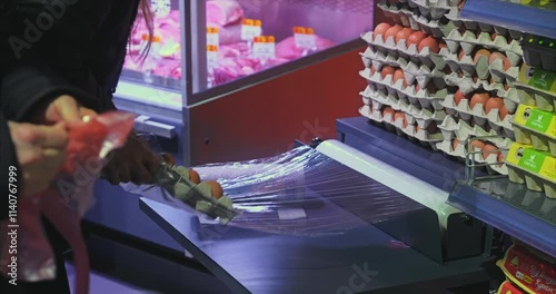 A girl in a supermarket wraps a tray of eggs with film