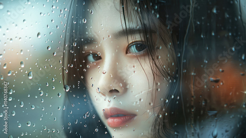 Close-up portrait of a sad Asian woman looking through rainy window glass