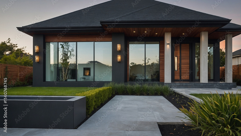 Contemporary house with dark gray roof, wood and dark gray siding. Large windows and a walkway leading to the entrance. Landscaping includes grass, hedges, and planters. Contemporary house with dark gray roof, wood and dark gray siding. Large windows and a walkway leading to the entrance. Landscaping includes grass, hedges, and planters.