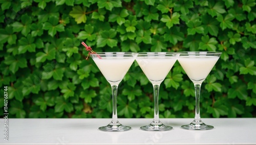 White cocktail drinks with glasses on lush greenery backdrop photo