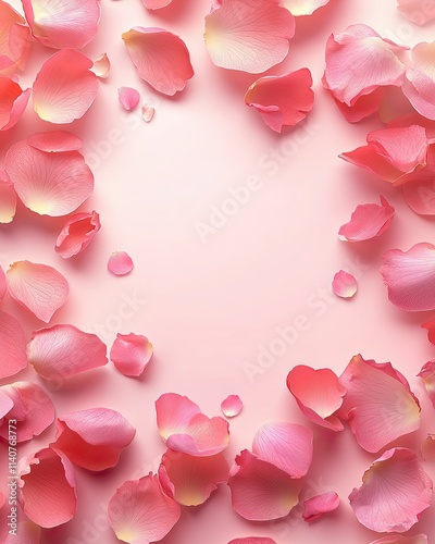 Pastel pink background, pink background with pink rose petals scattered, pastel background with blank space.