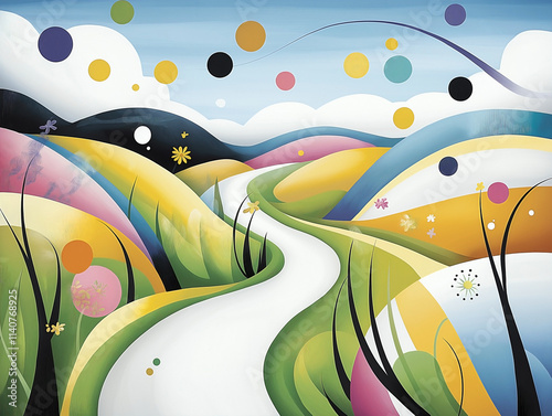 abstract spring trail depicted in bold colors and dynamic shapes,interspersed with swirling patterns of green grass and splashes of wildflowers. photo