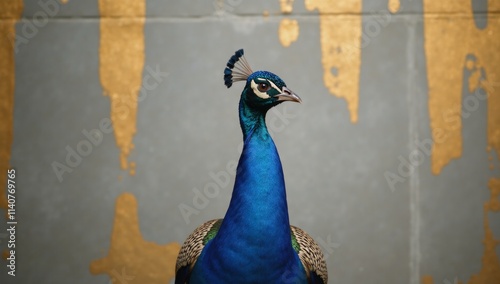 Stylized image featuring a vibrant peacock against a textured concrete backdrop and gold abstract elements ideal for wallpaper murals or frescos photo