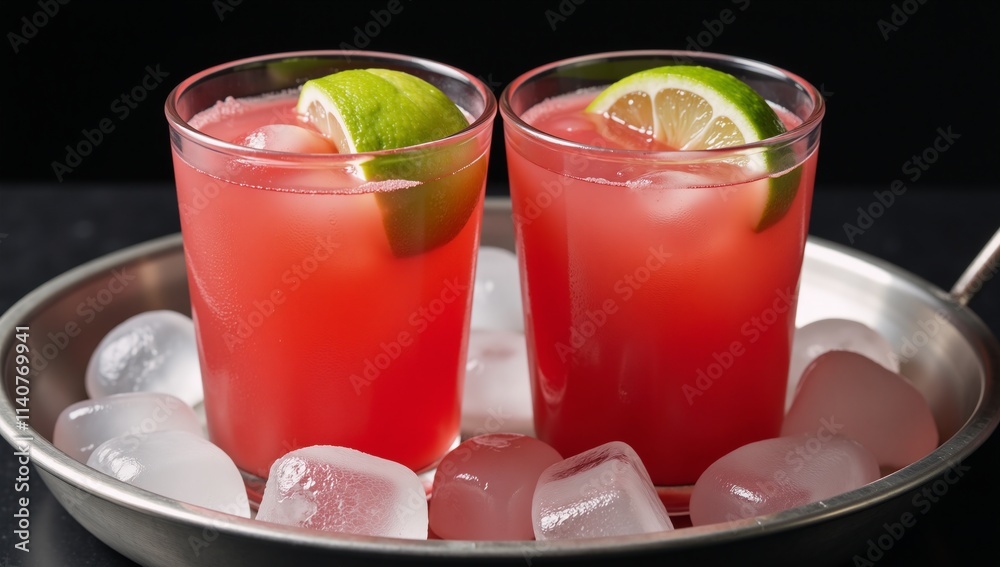 Refreshment tray featuring watermelon cocktails served in red glasses over ice Refreshment tray featuring watermelon cocktails served in red glasses over ice