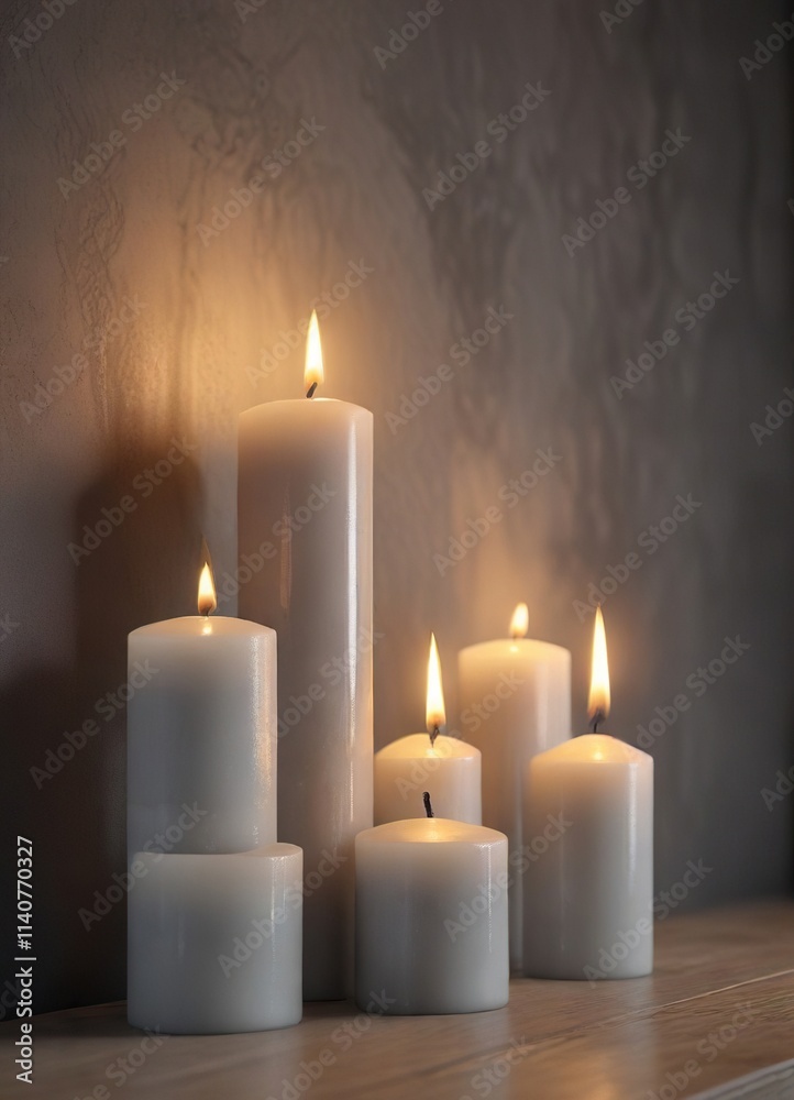 Four pillar candles with soft light on a gray wall, seasonal, cozy, serene Four pillar candles with soft light on a gray wall, seasonal, cozy, serene