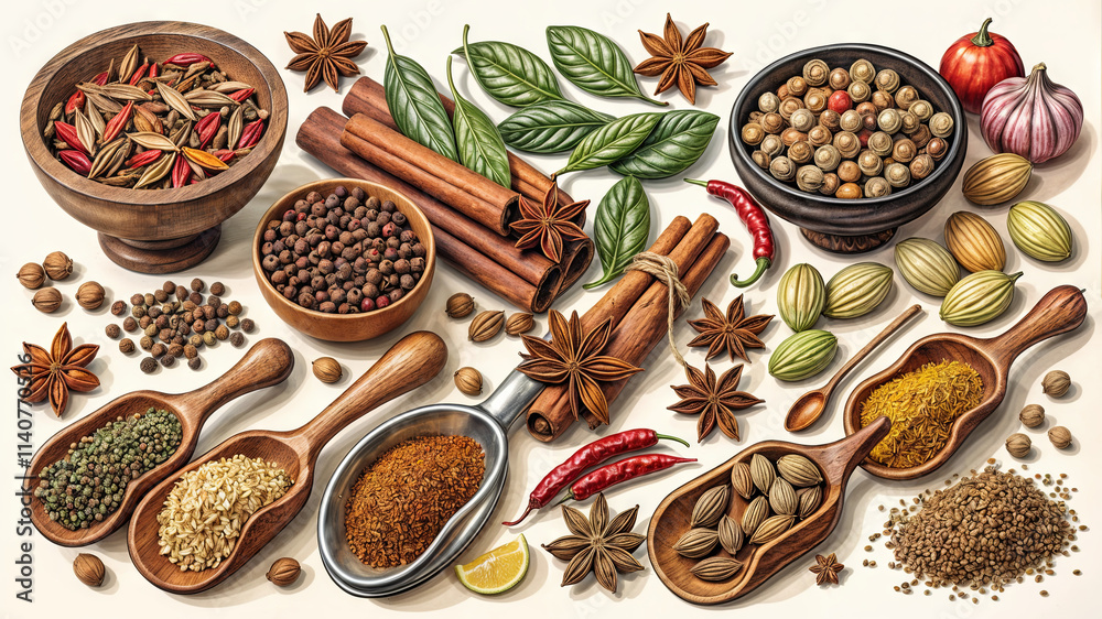 A vibrant collection of various spices and herbs arranged on a wooden table, including cinnamon sticks, star anise, peppercorns, and more, showcasing diverse flavors and aromas A vibrant collection of various spices and herbs arranged on a wooden table, including cinnamon sticks, star anise, peppercorns, and more, showcasing diverse flavors and aromas