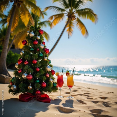 Celebrate New Years Day with tropical cocktails beneath palm trees and sunny beaches surrounded by a festive Christmas tree setup photo