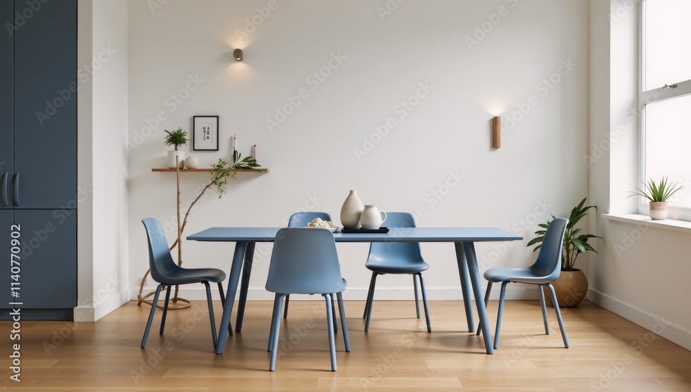 Minimalist Japanese-style living room with blue dining table and sleek seating Minimalist Japanese-style living room with blue dining table and sleek seating