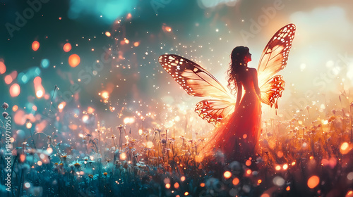 Enchanting woman with butterfly wings in magical flower field for Women’s Day poster design
