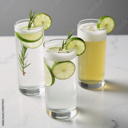 Highball glass GTs with sliced limes and rosemary placed on a sleek marble table photo