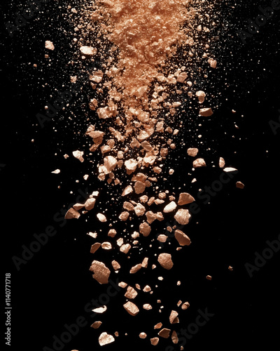 cosmetic makeup powder in a delicate, fine texture, falling gracefully in mid-air, scattering across a solid black background.  photo