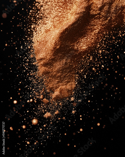 cosmetic makeup powder in a delicate, fine texture, falling gracefully in mid-air, scattering across a solid black background.  photo