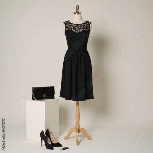 Vector design featuring a chic cocktail party mockup of a black knee-length dress with lace details on a mannequin paired with accessories like high heels a clutch purse and car keys resting on a photo