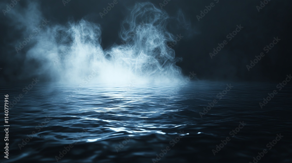 Misty water surface reflecting mysterious dark ambiance.