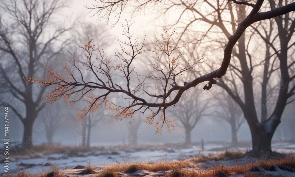 Frosty morning scene featuring a bare tree branch , tree, wintry Frosty morning scene featuring a bare tree branch , tree, wintry