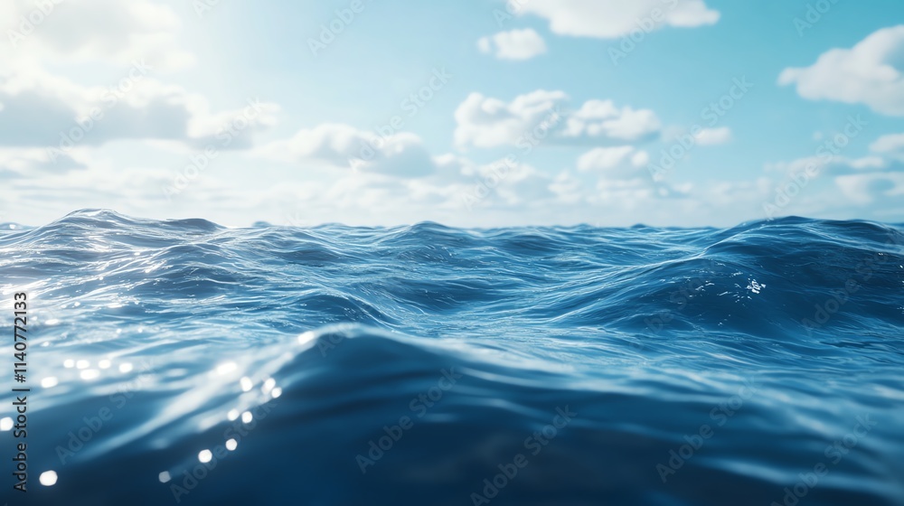 Fototapeta premium Serene ocean waves under a clear blue sky with fluffy clouds.