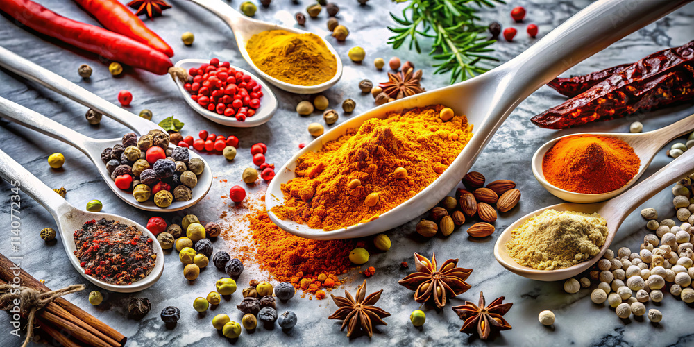 Various spices are arranged on a marble surface, highlighting their unique colors and textures. Spoons hold vibrant powders alongside whole spices, offering a feast for the senses Various spices are arranged on a marble surface, highlighting their unique colors and textures. Spoons hold vibrant powders alongside whole spices, offering a feast for the senses