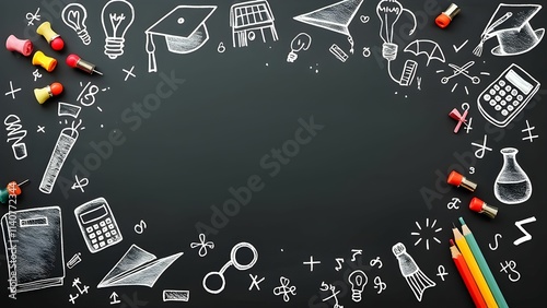 Creative chalkboard background with school doodles. Flat lay of educational supplies and chalk art. Back to School Chalkboard Design with Stationery