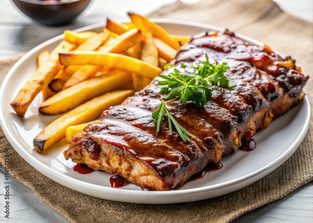 Succulent BBQ ribs, crispy fries: minimalist food photography captures mouthwatering perfection. Succulent BBQ ribs, crispy fries: minimalist food photography captures mouthwatering perfection.