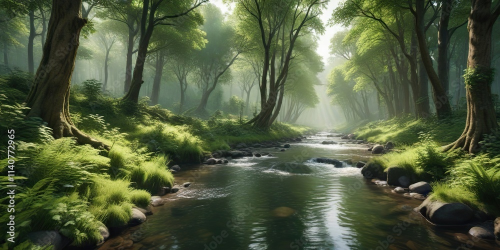 Gentle water stream flowing between lush green forest trees, river, scenery, trees Gentle water stream flowing between lush green forest trees, river, scenery, trees