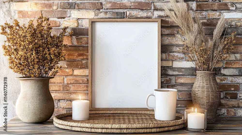 Fototapeta premium A serene display featuring a blank frame, candles, and dried flowers on a rustic table against a brick wall.