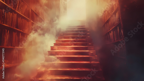 A staircase of books ascends into a mystical, fog-filled chasm bathed in ethereal light. Chasm. Illustration photo