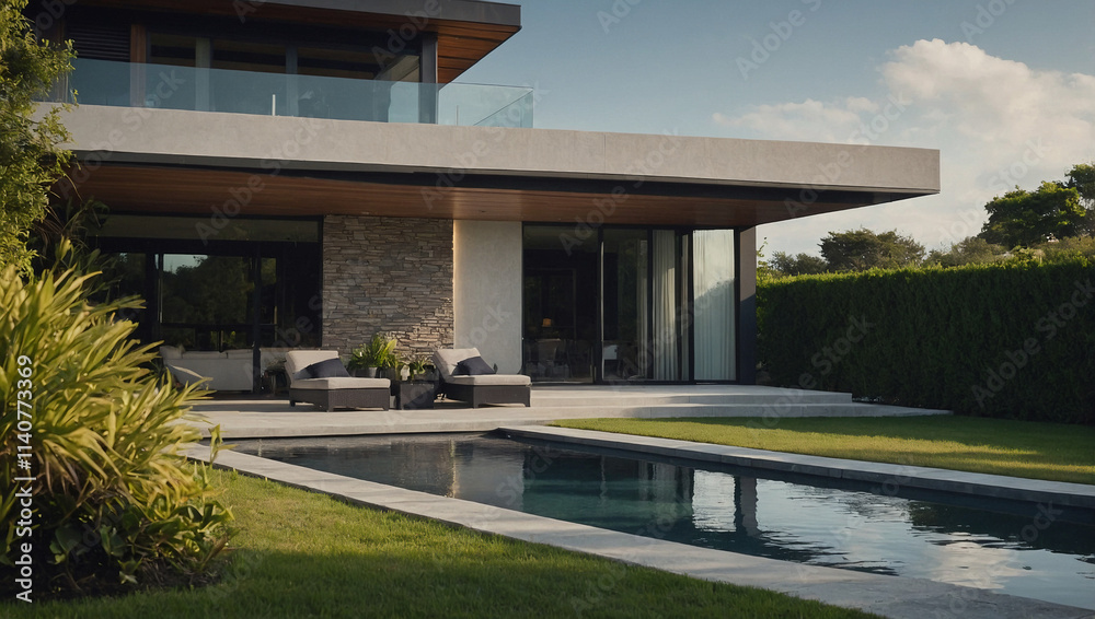 Modern home with stone facade, expansive windows, and sleek outdoor pool. Landscaped lawn and hedge surround the property. Dark gray patio furniture is visible near the house. Modern home with stone facade, expansive windows, and sleek outdoor pool. Landscaped lawn and hedge surround the property. Dark gray patio furniture is visible near the house.