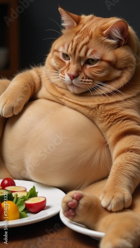 Obese orange cat lounges beside a dish of food photo