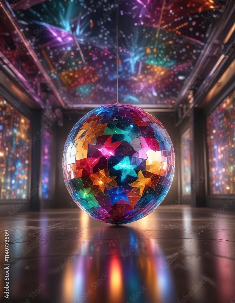 Glittering disco ball suspended from the ceiling, casting a kaleidoscope of colors on a polished floor , sunset light, disco ball Glittering disco ball suspended from the ceiling, casting a kaleidoscope of colors on a polished floor , sunset light, disco ball