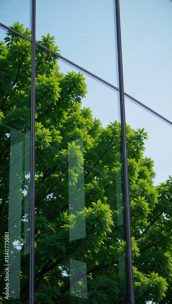 Fototapeta premium Corporate building showcases reflection of sustainable greenery advocating for ESG principles