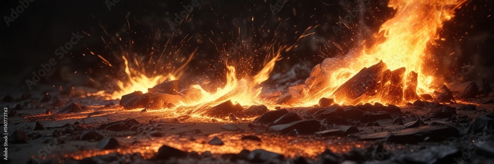 Fototapeta premium Glowing embers of energy coalesce into a radiant burst on a dark background, radiance, illuminating