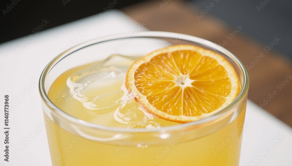 A lit-up citrusy yellow drink with an orange garnish in a glass A lit-up citrusy yellow drink with an orange garnish in a glass
