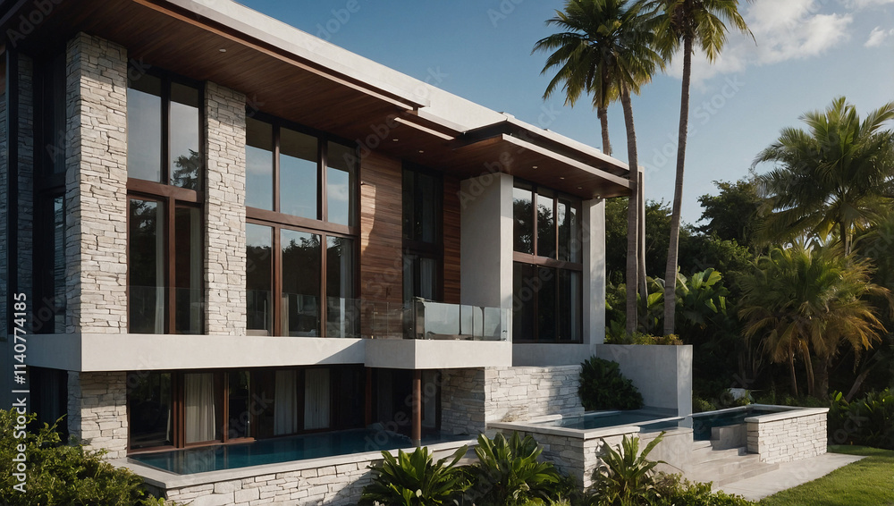 Fototapeta premium Modern two-story house with stone and wood exterior, large windows, and a swimming pool. The house is situated amidst lush tropical landscaping, including palm trees.