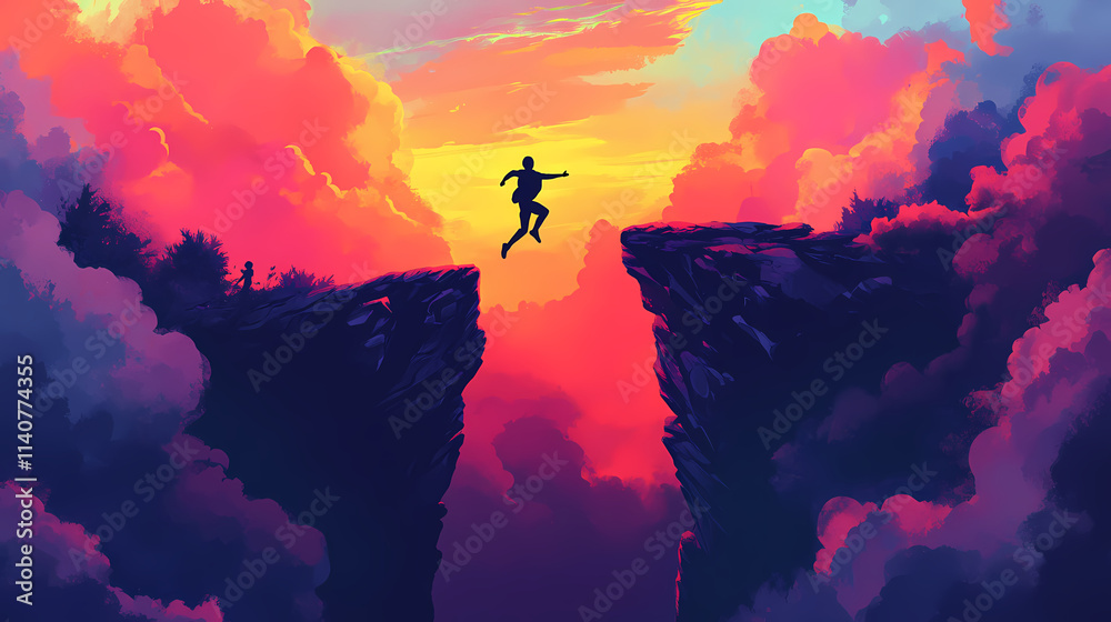 Fototapeta premium Action beats readiness: a figure jumping over a gap between two cliffs without a bridge, symbolizing taking action even without feeling fully ready. Chasm. Illustration