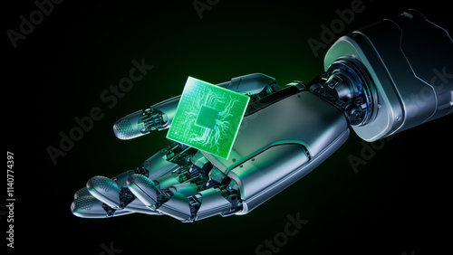 Bild auf Leinwand Metal Hand of Humanoid Robot Offering Innovative and Advanced Glass Chip