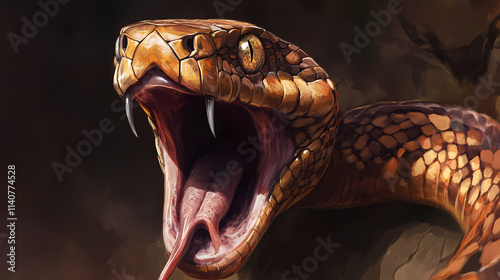 An image depicting a snake yawning, showcasing its gaping jaws and deadly sharp fangs. Chasm. Illustration