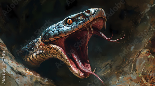 An image depicting a snake yawning, showcasing its gaping jaws and deadly sharp fangs. Chasm. Illustration