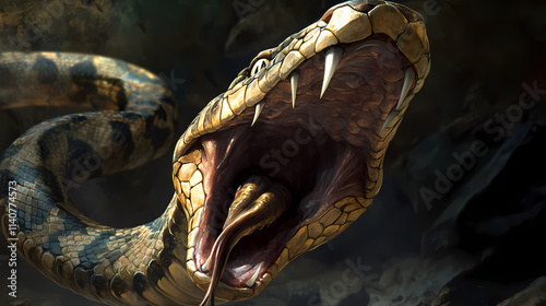 An image depicting a snake yawning, showcasing its gaping jaws and deadly sharp fangs. Chasm. Illustration