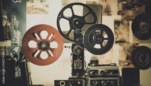 Vintage Film Projector with Spools and Cameras photo