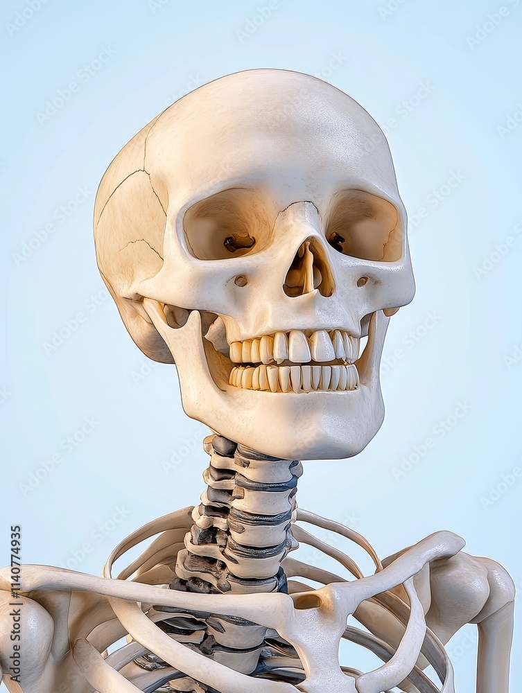 Rendered Illustration of a Smiling Skeleton - A detailed 3D rendered illustration of a human skeleton's skull and upper torso, showcasing anatomical accuracy, bone structure, and a subtly smiling expr Rendered Illustration of a Smiling Skeleton - A detailed 3D rendered illustration of a human skeleton's skull and upper torso, showcasing anatomical accuracy, bone structure, and a subtly smiling expr